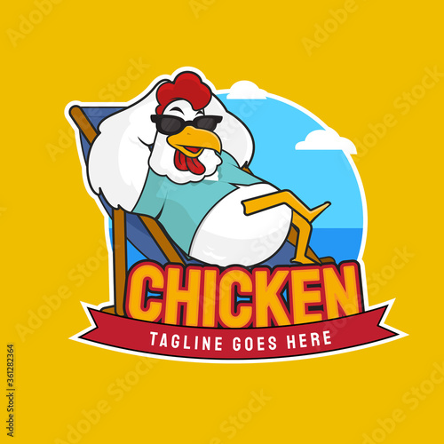 illustration of chill chicken on the beach cartoon character mascot