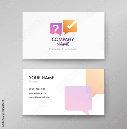 Quiz poll logo icon vector or interview discussion logotype on business card template design bubble speech checkmark and ask question flat design, concept of competition poll game or interrogate