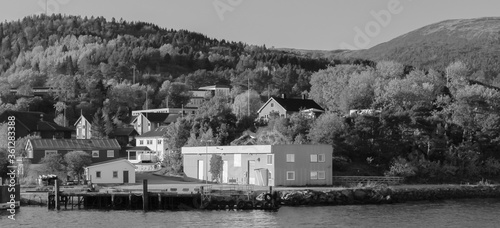 Black and white landscape with ferry pier of Lensvik