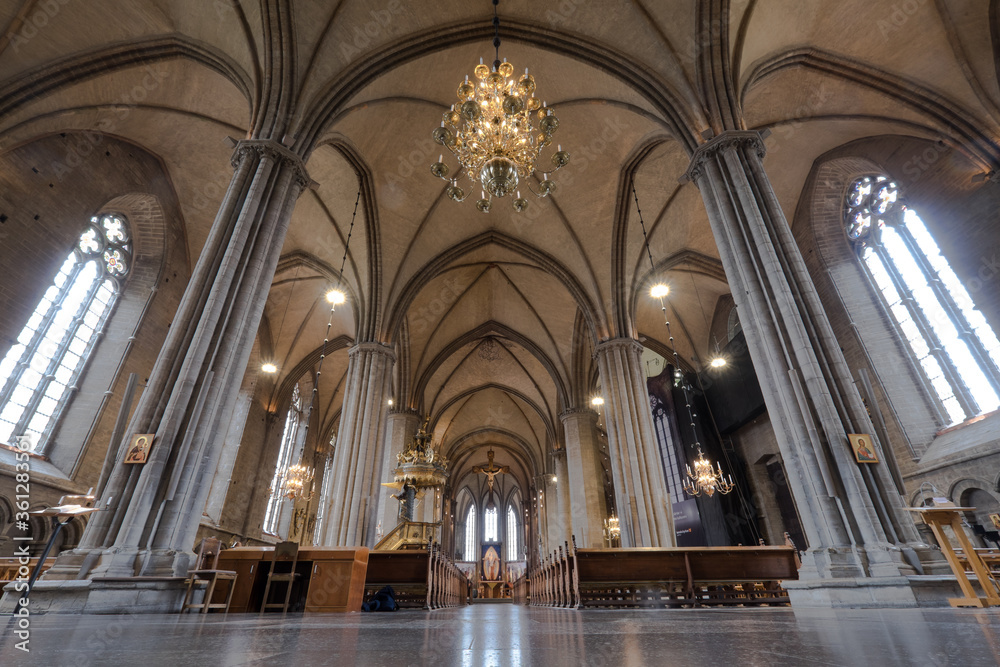 Interior of the Cathedral in Swedish town Linkoping with left the pulpit