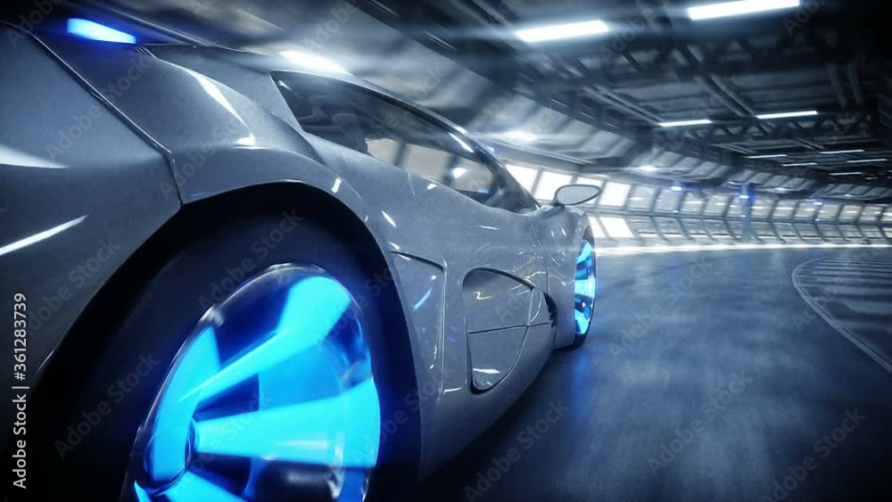 futuristic car fast driving in sci fi tunnel, coridor. Concept of future. Realistic 4k animation.