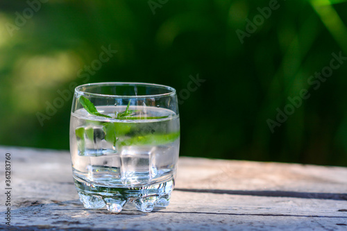 Glass of water and mint. Close up of cocktail with ice and mint leaves. Wooden table with natural green background.