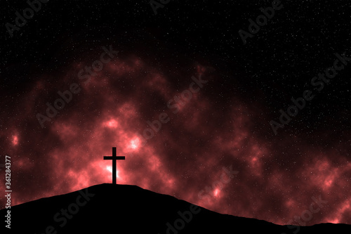Cross on the hill on a space background. Sacrifice of Jesus  Easter