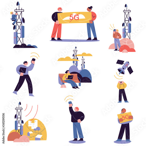 People developing, testing and protesting against 5g technologies and equipment