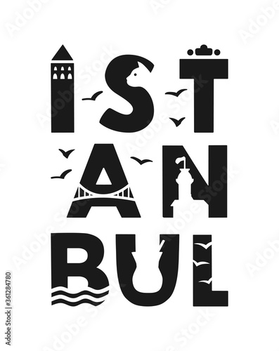 Istanbul. Logo design for the Istanbul city, Turkey. Silhouette of the Turkish landmarks and symbols in the city name. Vector illustration with lettering.  Souvenir print and travel promotion.