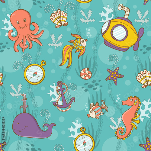 Underwater world, submarine, anchor, sea creatures and weeds. Seamless pattern. Vector illustration.