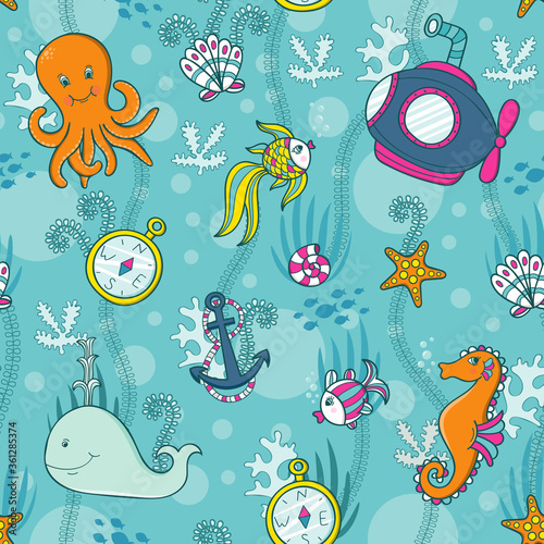 Underwater world, submarine, anchor, sea creatures and weeds. Seamless pattern. Vector illustration.