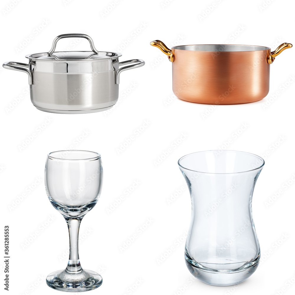 Collage of crockery items on white background