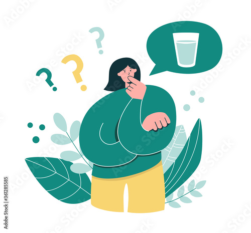 Woman thinks how much water she drinks. Young girl questioning  Intermittent fasting. Oversized woman considers time restricted eating. Intermittent fasting concept. Modern flat cartoon character. 