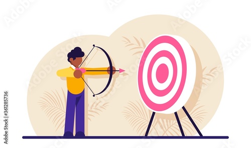 Concept of market target, business goal, achievement strategy, attaining financial objective. Archer or bowman holding bow and arrow, aiming and shooting. Modern flat illustration.