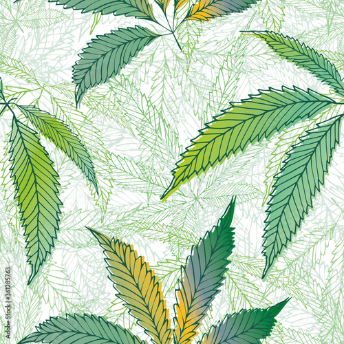 Cannabis leaves seamless vector pattern background. Hand drawn green and gold hemp foliage backdrop. Elegant textured marijuana design. All over print for wellness, health concept,packaging, print