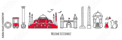 Vector modern illustration Istanbul, Turkey. Famous Turkish symbols and landmarks. Travel to Turkey conception. Horizontal panoramic scene for banner or print design. Welcome to Istanbul card.