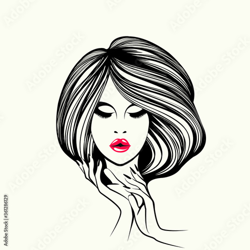 Beauty salon, nails art and hair studio logo.Cosmetics and spa icon.Beautiful woman with wavy hairstyle, elegant makeup and manicure.Long eyelashes, nail polish and red lipstick.Stylish young female.