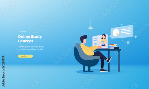 Online study illustration with learning from home concept