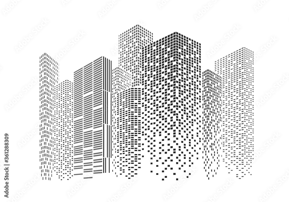 Silhouettes of city skyscrapers. Buildings with light windows