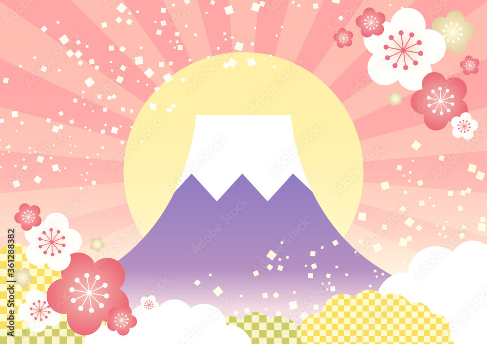 年賀状素材 かわいい富士山と初日の出の背景イラスト ピンク Stock Vector Adobe Stock