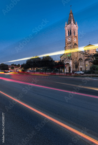 Church Long exposure night light trails Santa Rita Turin Italy