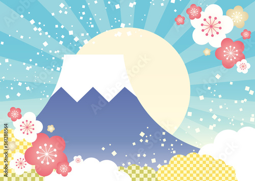 【年賀状素材】かわいい富士山と初日の出の背景イラスト 青