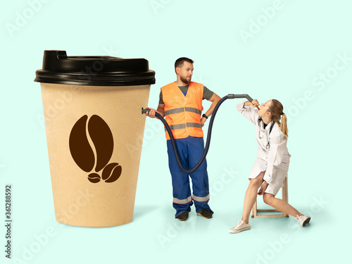 Gas up yourself, filling up with coffee to wake up. Creative artwork. Doctor, nurse drinking coffee with gas station pouring coffee. Looks bored and tired, needs cistern of aroma drink to feel energy. photo