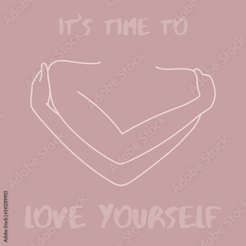 It Is Time to Love Yourself. Self Hug Vector Minimalist Line Illustration. Hugging hands with heart on isolated dust pink background