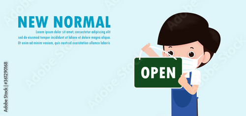 new normal lifestyle concept, Store shop is open business, man hanging open or welcome sign shop and wearing face mask  protect coronavirus or covid-19 outbreak on background vector illustration.