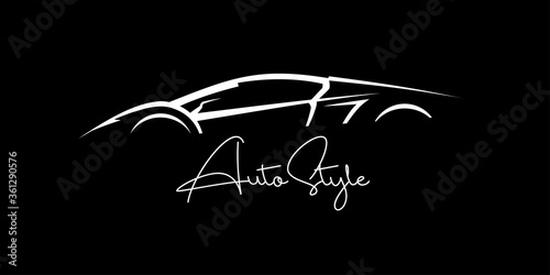 Auto Style sports car silhouette. Supercar showroom emblem design. Performance motor vehicle dealership logo concept design. Vector illustration.