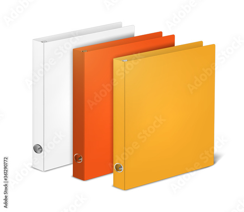 Ring binder color set, mockup. Closed blank folder binders, realistic vector illustration