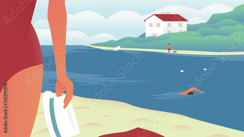Vector illustration of a river beach with people swiming, sunbathing and having fun. Recreation center building on the shore of the river. Girl in a swimsuit and a hat enjoying the view
