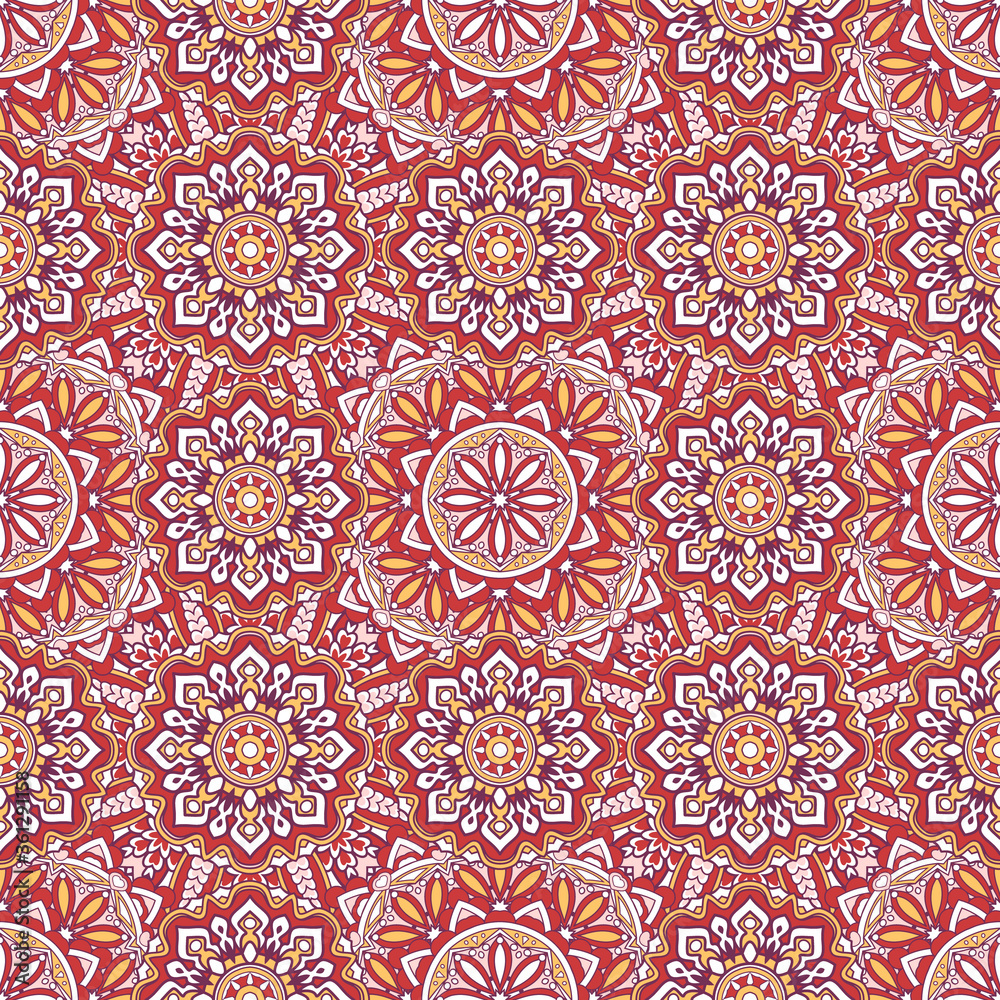 Seamless ornamental oriental pattern with mandala. Laced decorative background with floral and geometric ornament.