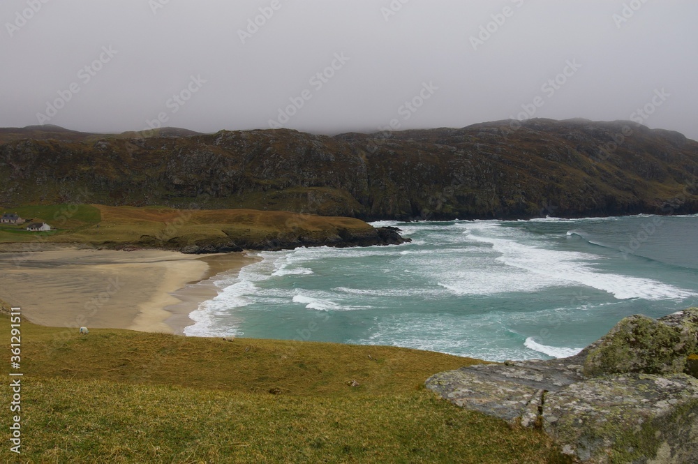 A view across Valtos beach in the Western Isles, Scotland, on a gloomy  day.  