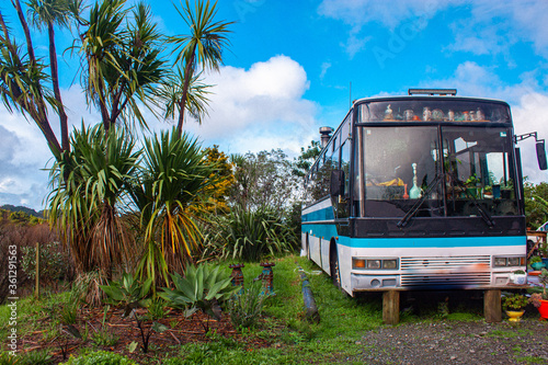 A blue bus sitting in a field.