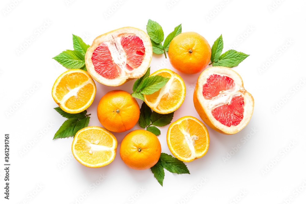 Citrus fruits grouped on white background top view Citrus fruits grouped on white background top view