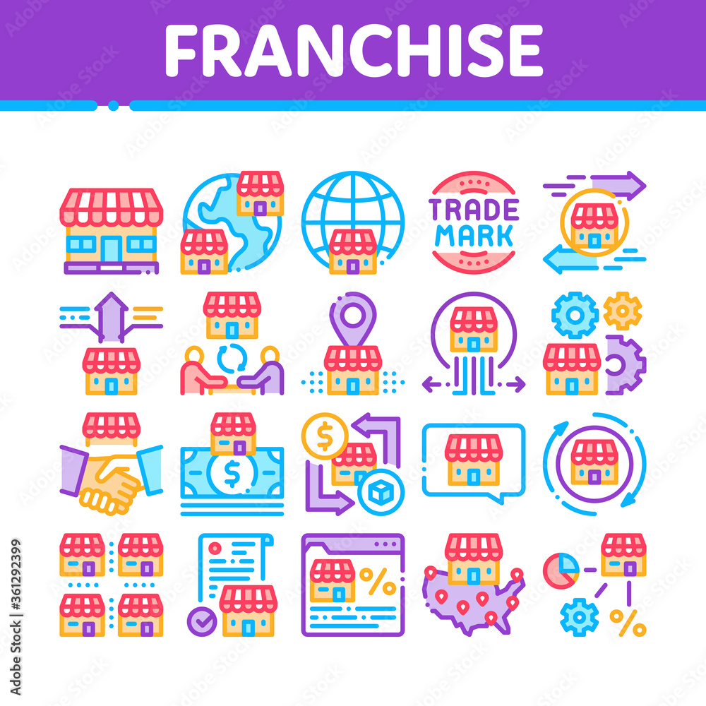 Franchise Business Collection Icons Set Vector. Franchise And Trade Mark, Wideworld Branches And Dollar, Handshake And Contract Concept Linear Pictograms. Color Illustrations