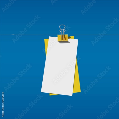 White paper card with binder clip on blue background. Realistic mockup vector illustration.