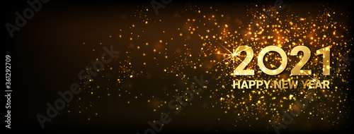 Greeting card Happy New Year 2021. Beautiful Square holiday web banner or billboard with text Happy New Year 2021 on the background of fireworks. - Vector