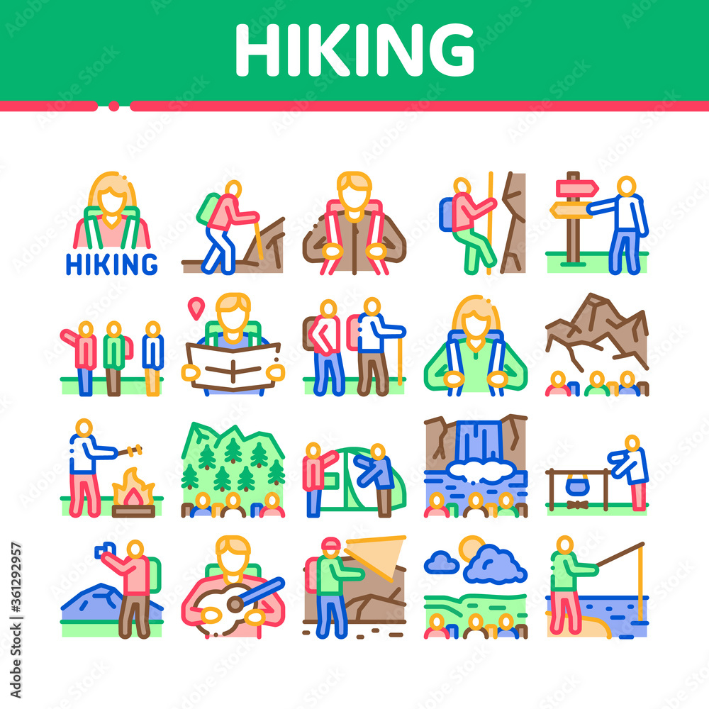 Hiking Extreme Tourism Collection Icons Set Vector. Hiking Tourist And Bard With Guitar, Fisherman And Photographer, Camp And Waterfall Concept Linear Pictograms. Color Illustrations