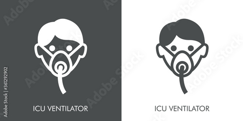Concepto respirador en uci. Icono plano lineal cabeza de hombre con máscara para respirar en fondo gris y fondo blanco