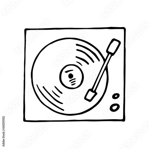 turntable hand drawn in doodle style. vector, scandinavian, monochrome. single element for design card, sticker, poster, icon. music melody 80s record-player