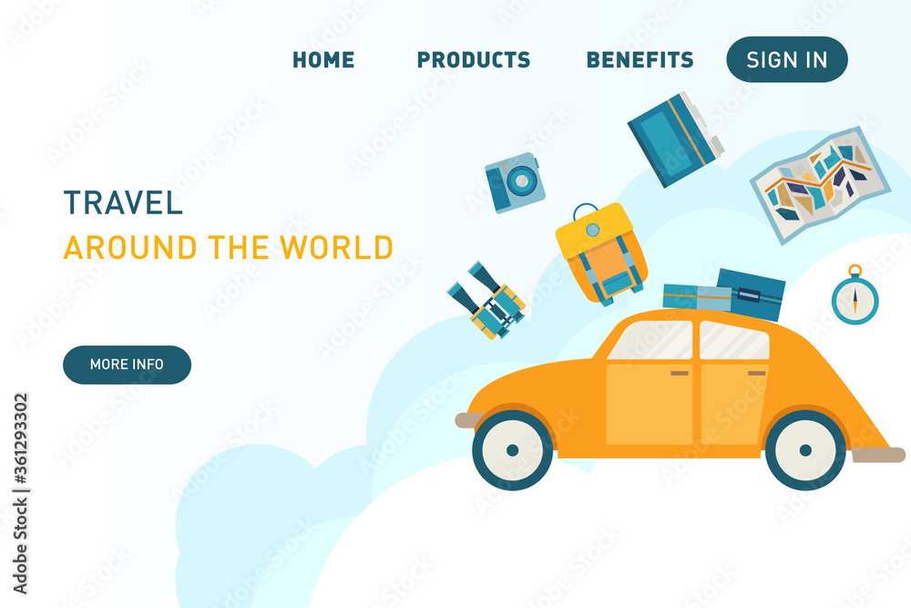 Travel around the world website template. Blue and yellow, summer vibe. 