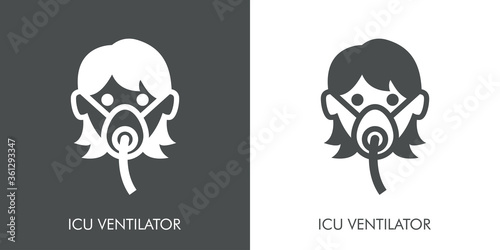 Concepto respirador en uci. Icono plano lineal cabeza de mujer con máscara para respirar en fondo gris y fondo blanco