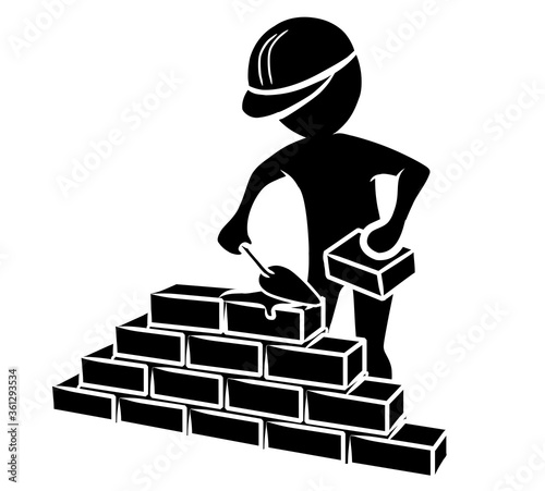 Construction worker with trowel and mortar builds a wall / flat design / vektor / icon