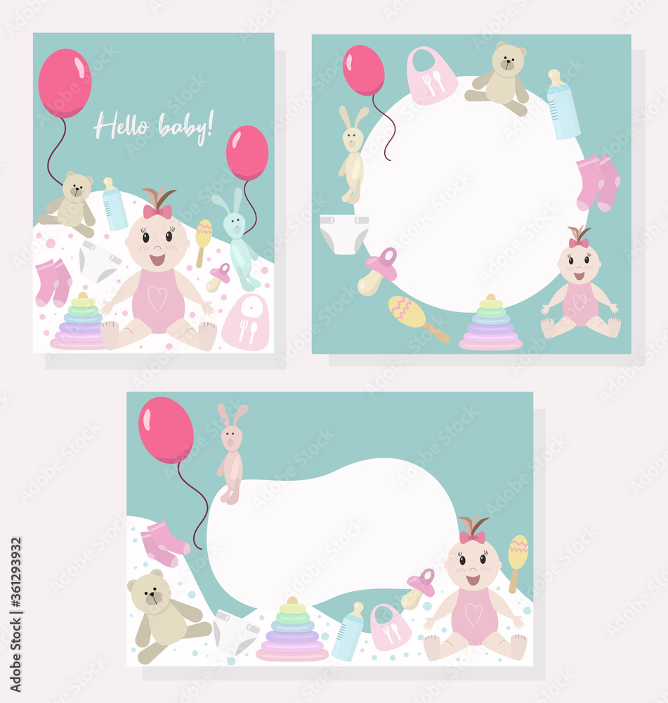 Set of vector illustrations with baby and baby items. Banners, posters, flyers for a children's party
