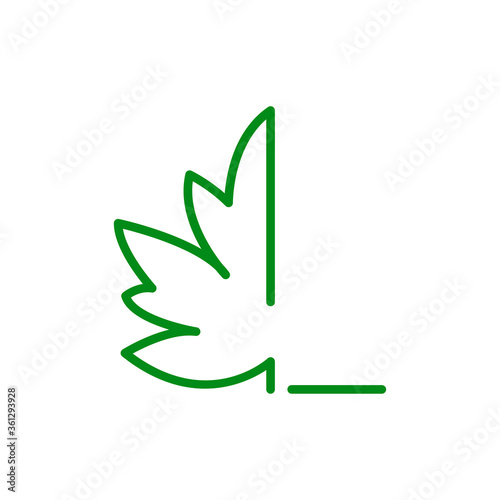 Concepto hoja de árbol. Logotipo lineal letra L con mitad hoja de arce en color verde