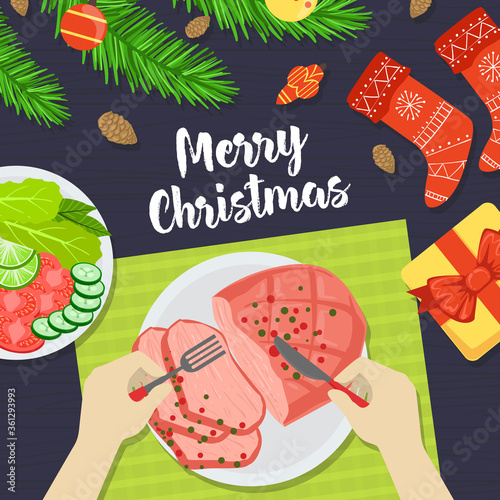 Merry Christmas Banner, Person Eating Festive Dinner with Fork and Knife View from Above Flat Vector Illustration