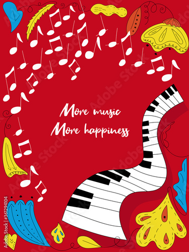 Bright vector illustration of a music concept with piano, notes and flowers around. Music poster with place for text.