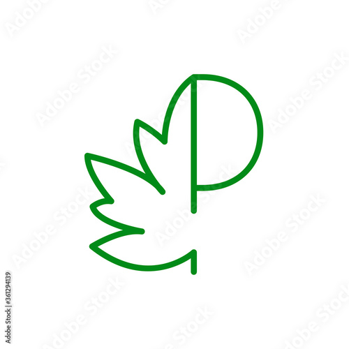 Concepto hoja de árbol. Logotipo lineal letra P con mitad hoja de arce en color verde