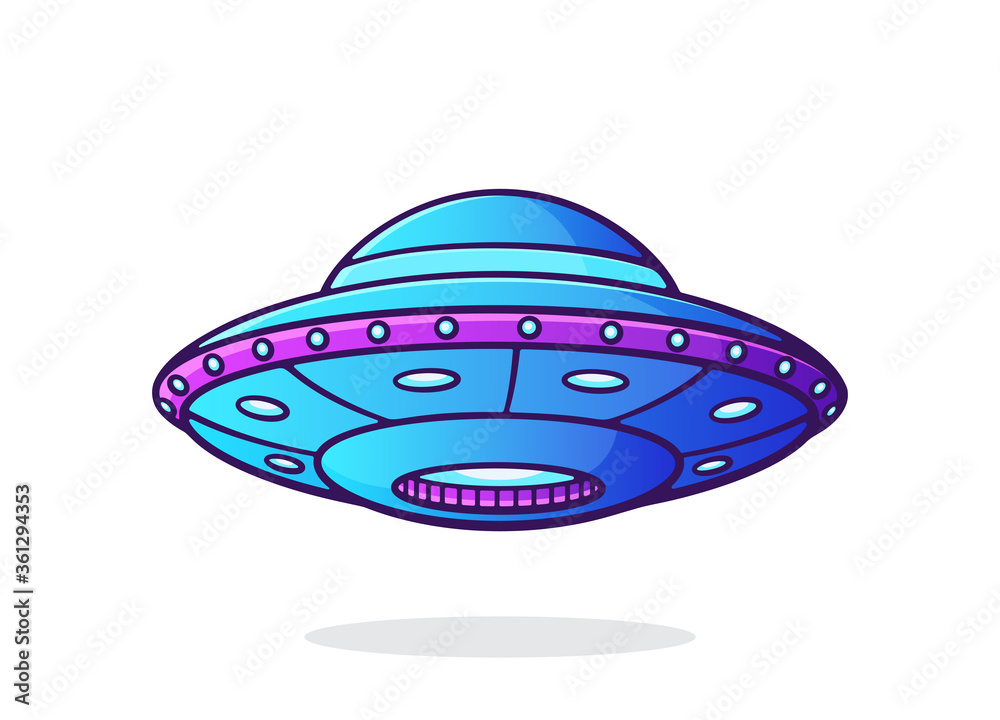 UFO with lights. Alien space ship. Futuristic unidentified flying object.  World UFO day symbol. Vector illustration with outline in cartoon style.  Clip art Isolated on white background Stock Vector | Adobe Stock