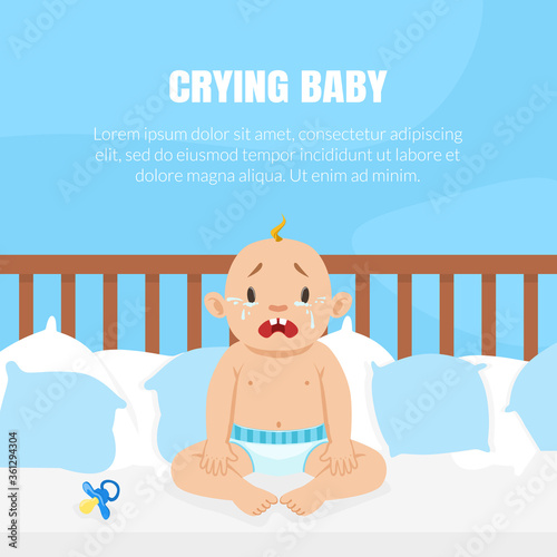 Crying Baby Banner with Place for Text, Cute Little Baby in Diaper Sitting in the Bed and Crying Vector Illustration