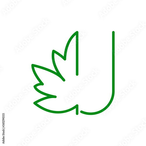 Concepto hoja de árbol. Logotipo lineal letra U con mitad hoja de arce en color verde