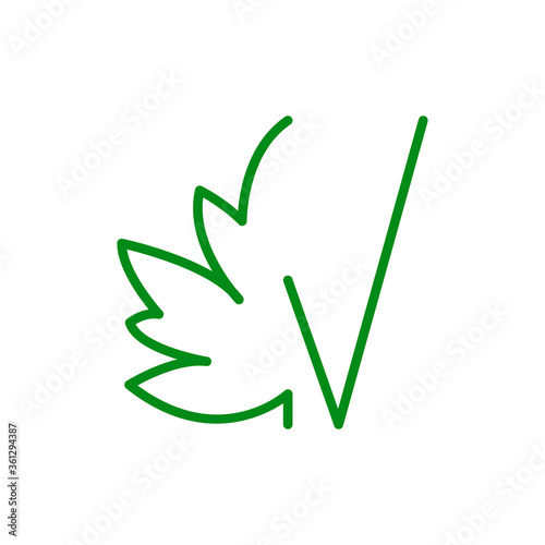 Concepto hoja de árbol. Logotipo lineal letra V con mitad hoja de arce en color verde